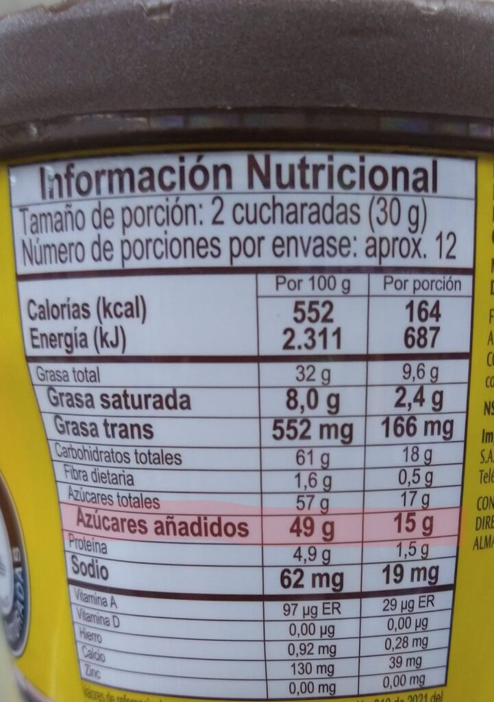 Tabla de información nutricional